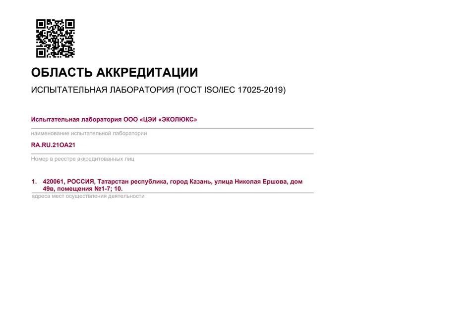 Область аккредитации испытательной лаборатории RA.RU.21ОА21 — документ 1