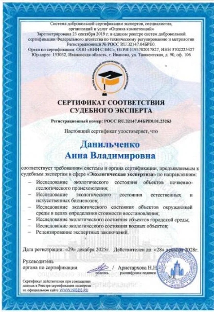 Сертификат соответствия судебного эксперта Данильченко А.В.